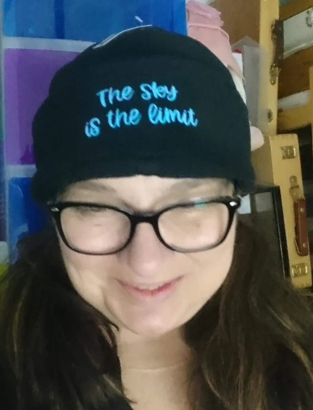 3D- Puff Glow in The Dark. Green Neon Vinyl on Black Supra Fleece Ski Hat with the quote "The Sky is the Limit". Comfy, Warm, Sport. One Size.