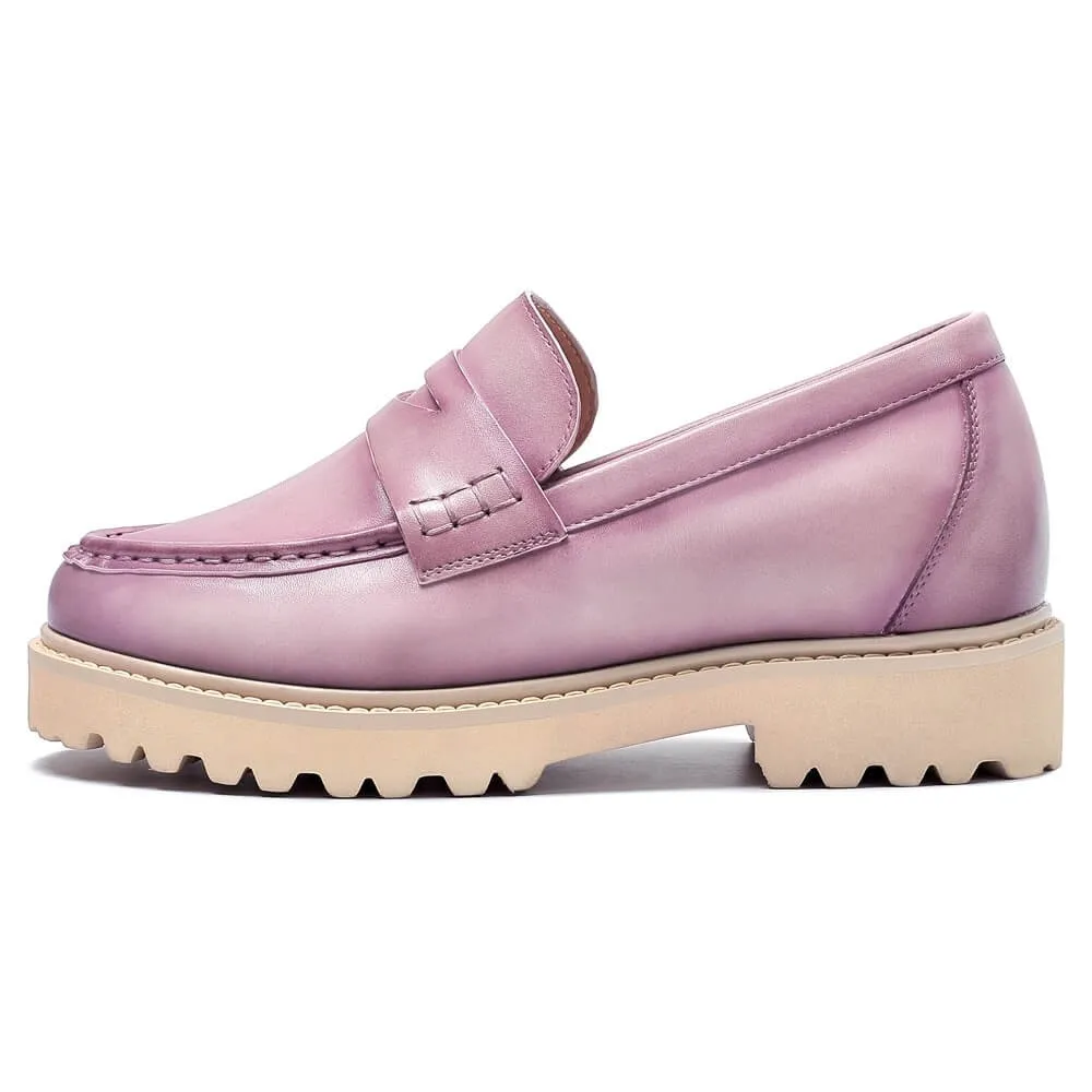 7 CM / 2.76 Inches - CMR CHAMARIPA Height Increasing Shoes For Women - Hidden Heel Shoes - Women's Distressed Lavanda Lilac Leather Boat Shoes