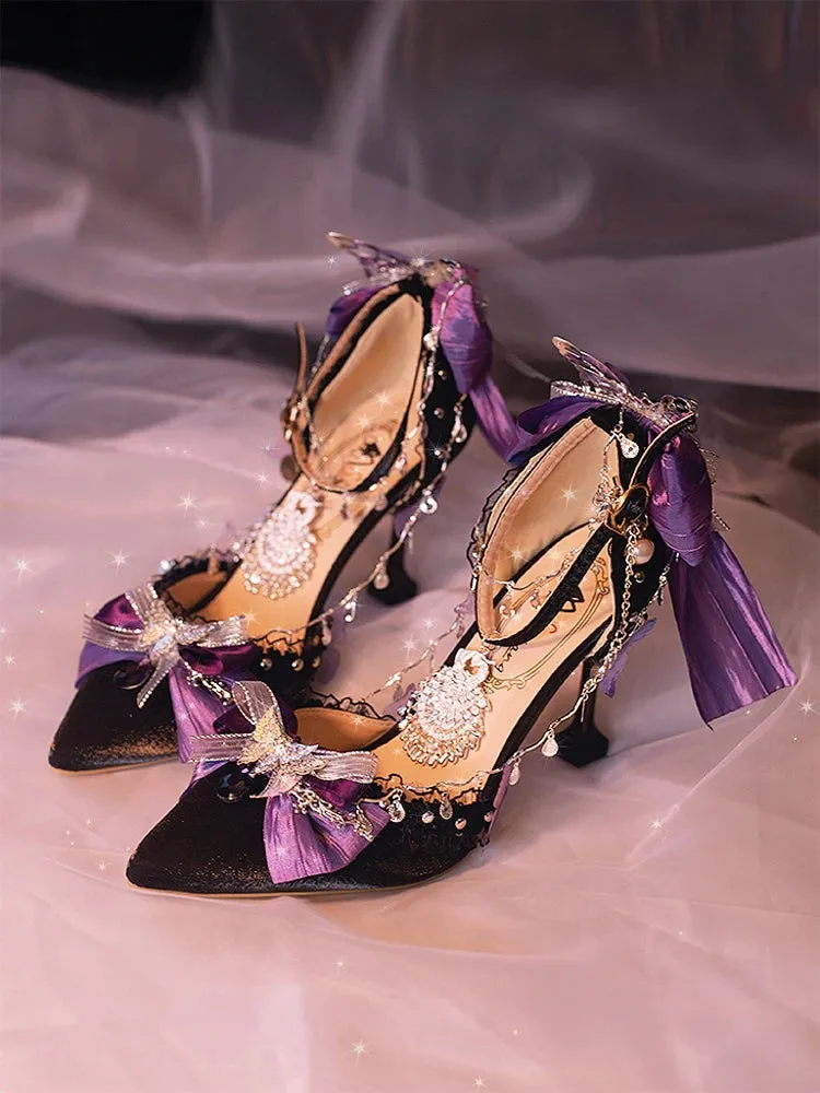 Advbridge Original Lolita Handmade Black Purple Butterfly Pointed Thin Heel High Heels Japanese Sweet Loli Tea Party Single Shoes