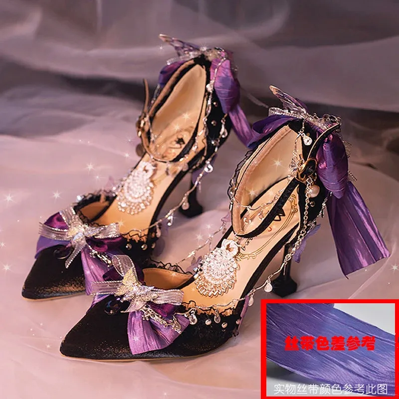 Advbridge Original Lolita Handmade Black Purple Butterfly Pointed Thin Heel High Heels Japanese Sweet Loli Tea Party Single Shoes