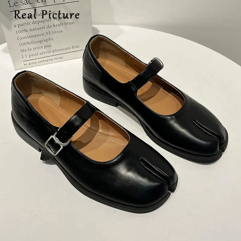 Aiertu Back  to school Flats Split Toe Shoes Black Leather Loafer Brown Size 40 Fashion Buckle Mary Janes Flat Ninja Shoe Women