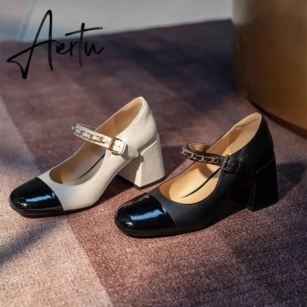 Aiertu Mixed Colors High Heels Pumps For Women Metal Buckle Genuine Leather Women'S Shoes Working Party Shoes For Women