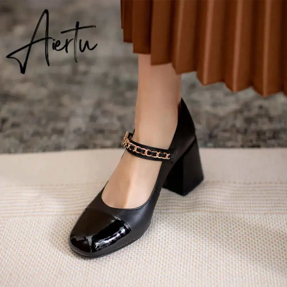 Aiertu Mixed Colors High Heels Pumps For Women Metal Buckle Genuine Leather Women'S Shoes Working Party Shoes For Women