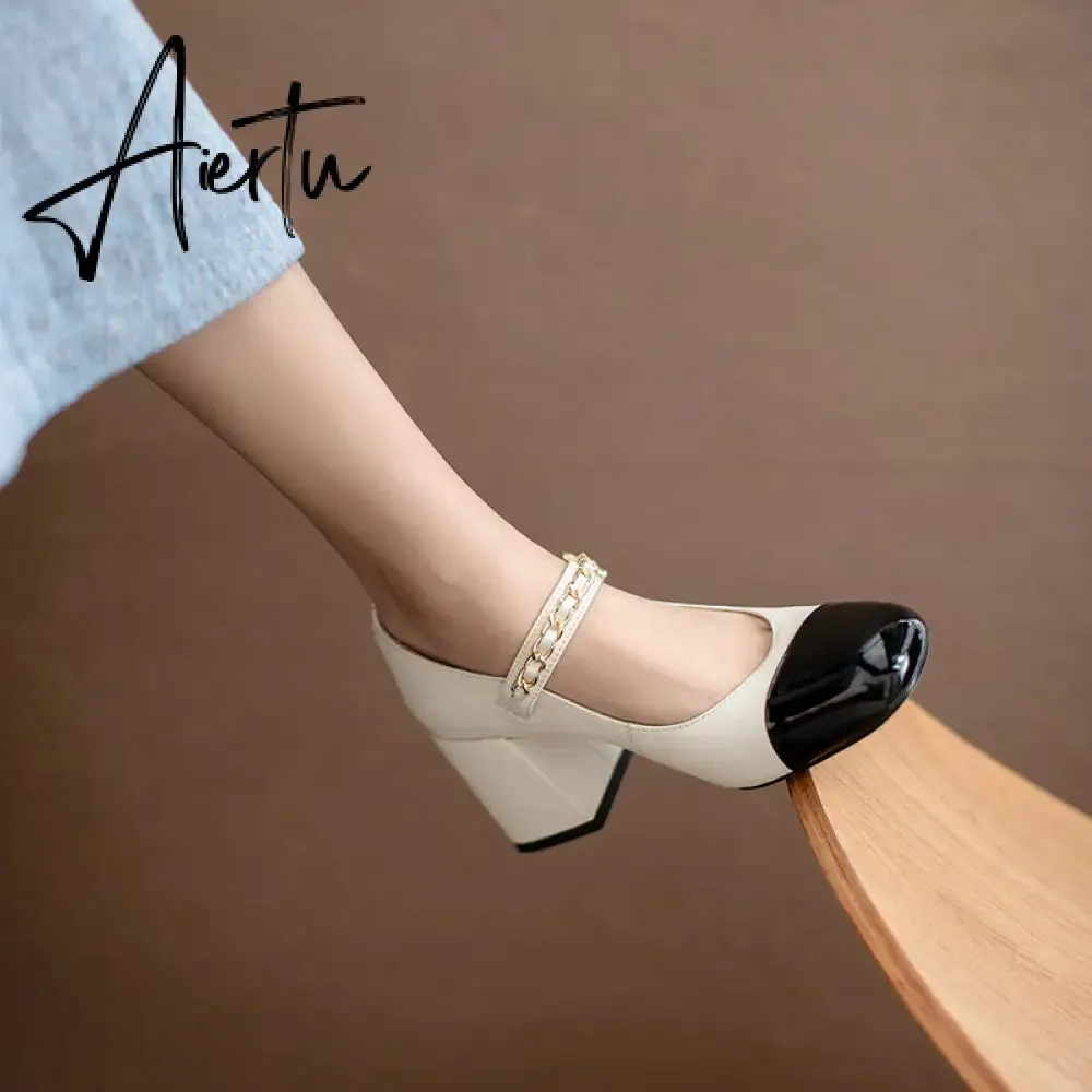 Aiertu Mixed Colors High Heels Pumps For Women Metal Buckle Genuine Leather Women'S Shoes Working Party Shoes For Women