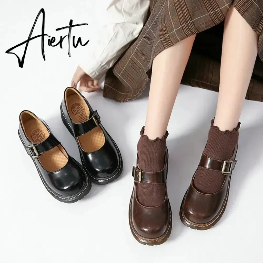 Aiertu New literary Retro Women's Shoes Thick Bottom Mori Girl Japanese Mary Jane Single Shoes College Style