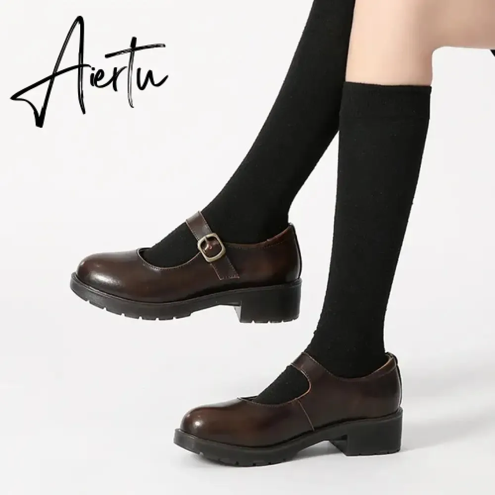 Aiertu New literary Retro Women's Shoes Thick Bottom Mori Girl Japanese Mary Jane Single Shoes College Style