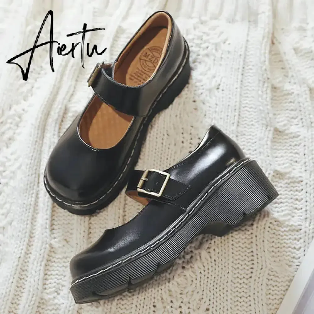 Aiertu New literary Retro Women's Shoes Thick Bottom Mori Girl Japanese Mary Jane Single Shoes College Style