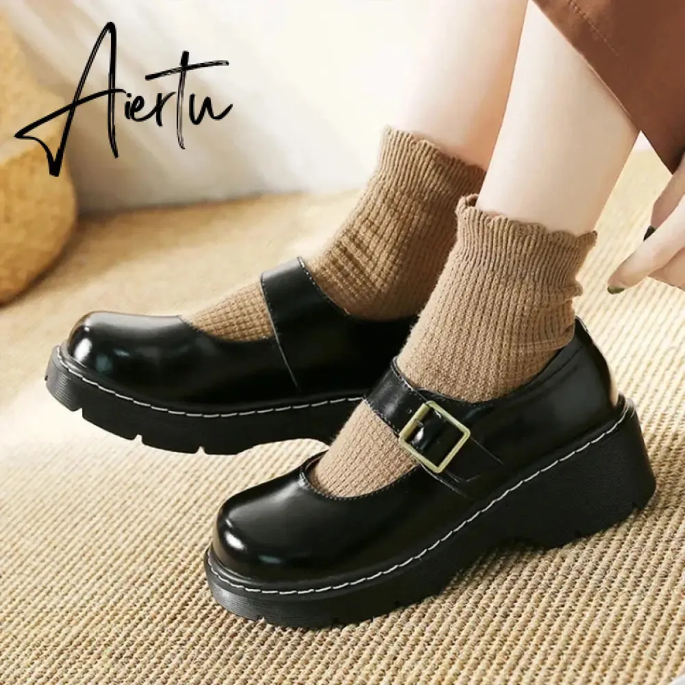 Aiertu New literary Retro Women's Shoes Thick Bottom Mori Girl Japanese Mary Jane Single Shoes College Style