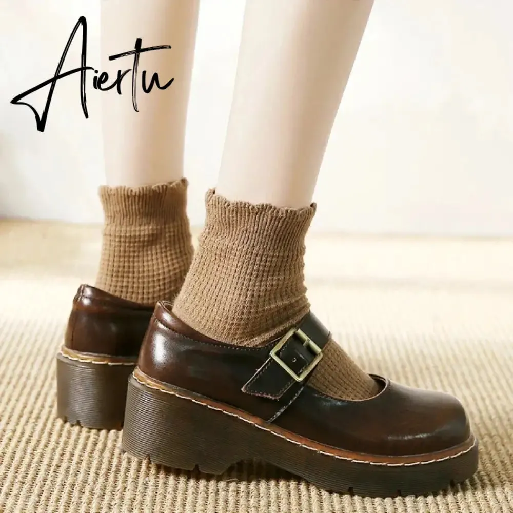 Aiertu New literary Retro Women's Shoes Thick Bottom Mori Girl Japanese Mary Jane Single Shoes College Style