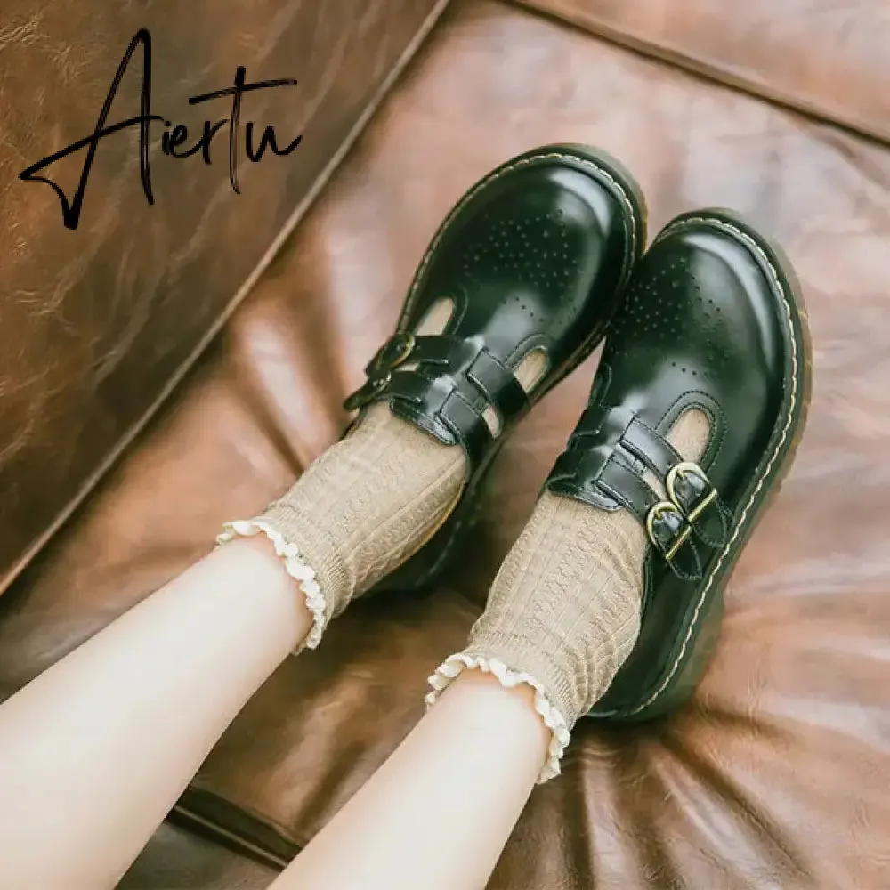 Aiertu New literary Retro Women's Shoes Thick Bottom Mori Girl Japanese Mary Jane Single Shoes College Style