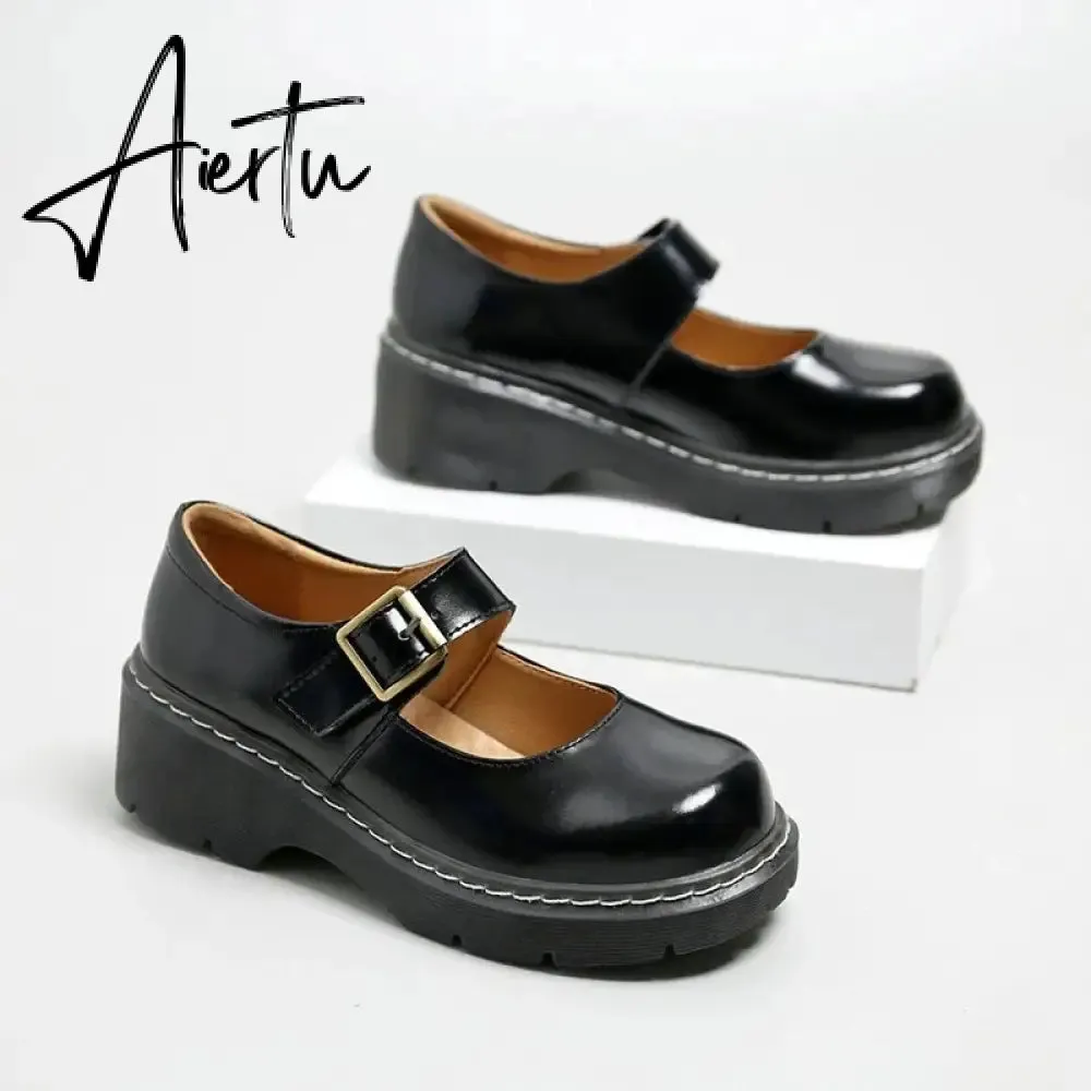 Aiertu New literary Retro Women's Shoes Thick Bottom Mori Girl Japanese Mary Jane Single Shoes College Style