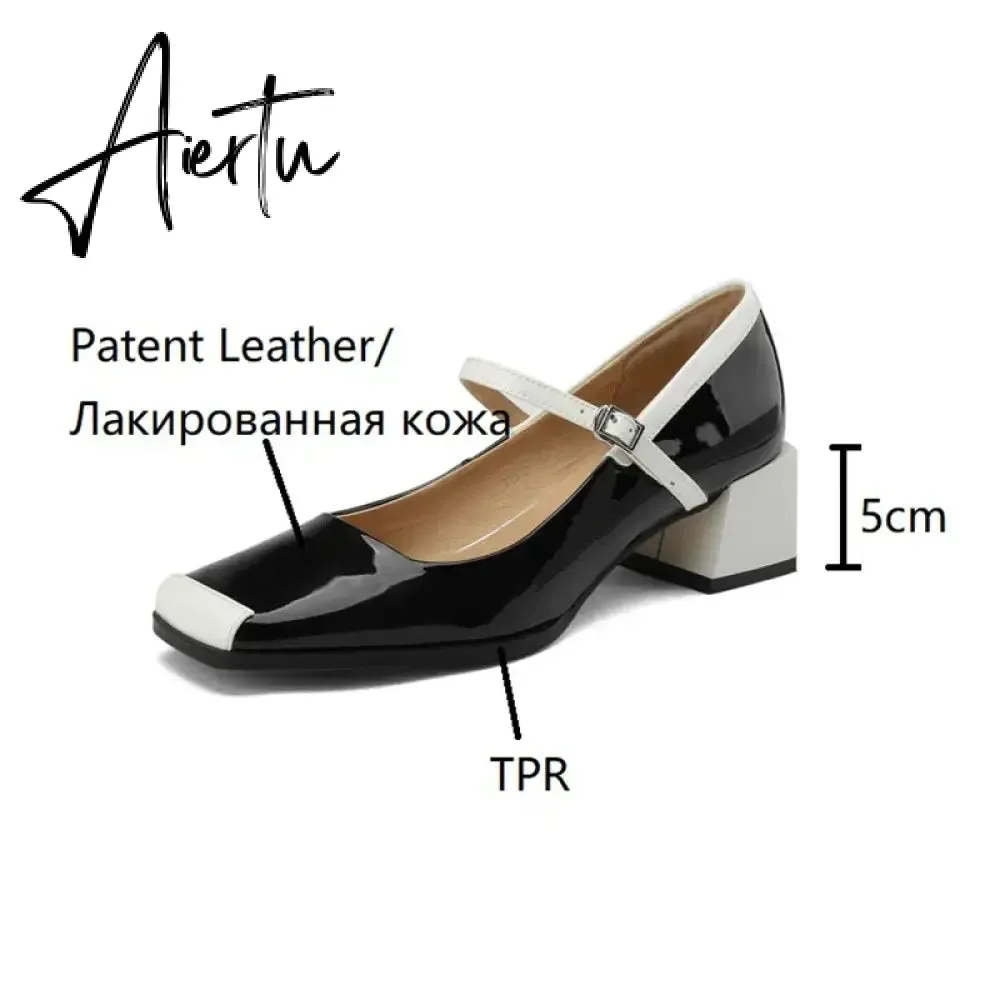 Aiertu  Spring/Autumn Women Shoes Square Toe Chunky Heel Mary Janes Mixed Color Women Pumps Patent Leather Shoes Fashion High Heels