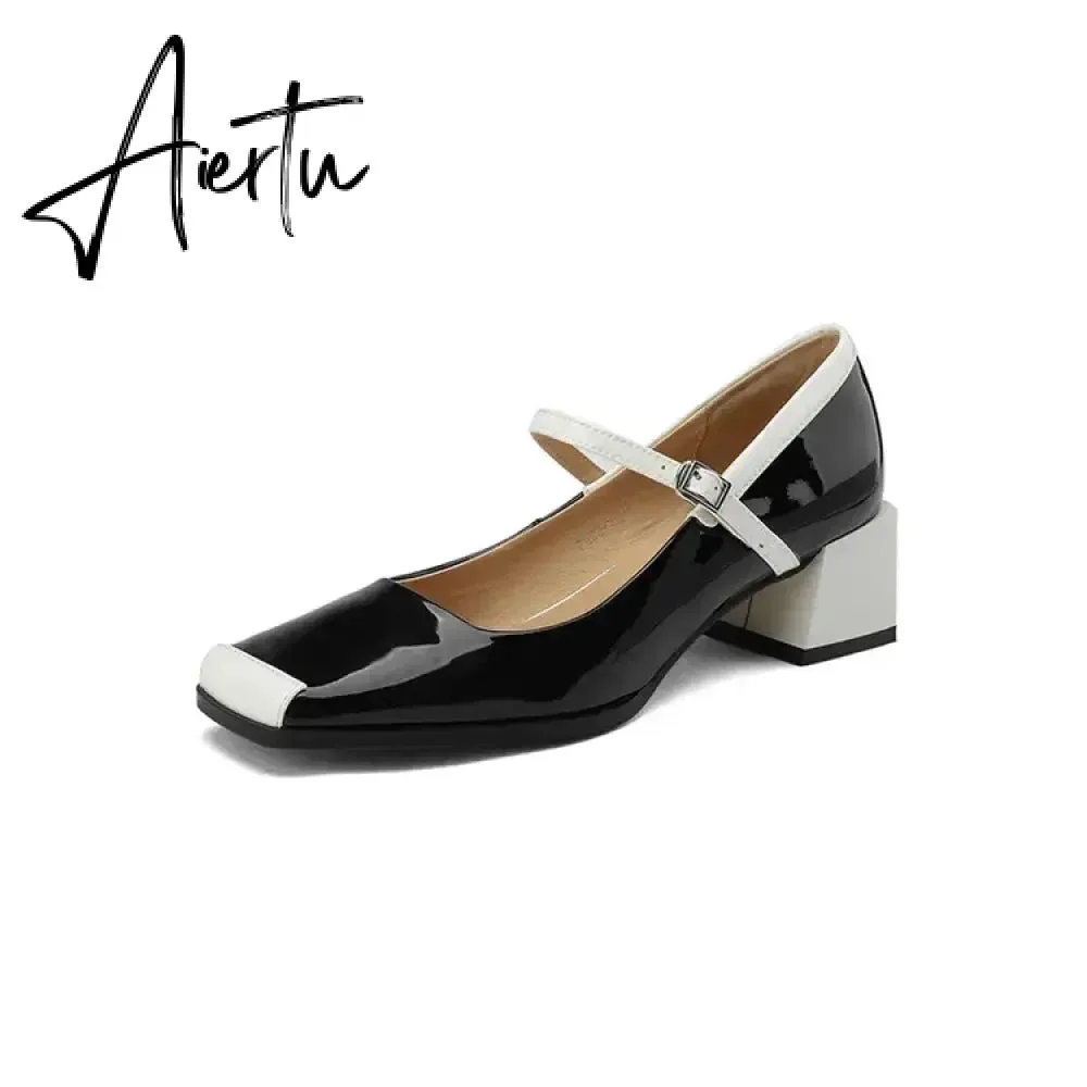 Aiertu  Spring/Autumn Women Shoes Square Toe Chunky Heel Mary Janes Mixed Color Women Pumps Patent Leather Shoes Fashion High Heels