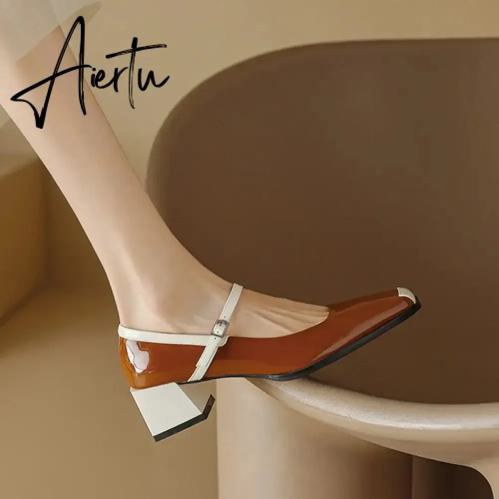 Aiertu  Spring/Autumn Women Shoes Square Toe Chunky Heel Mary Janes Mixed Color Women Pumps Patent Leather Shoes Fashion High Heels