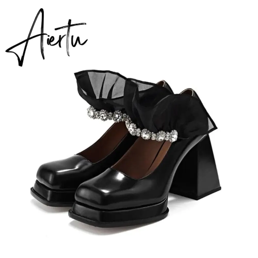 Aiertu Termainoov Women Pumps High Heels Black Rhinestones Mary Jane Square Toe Lace Heeled Chunky Heel Retro Patent Leather New Shoes