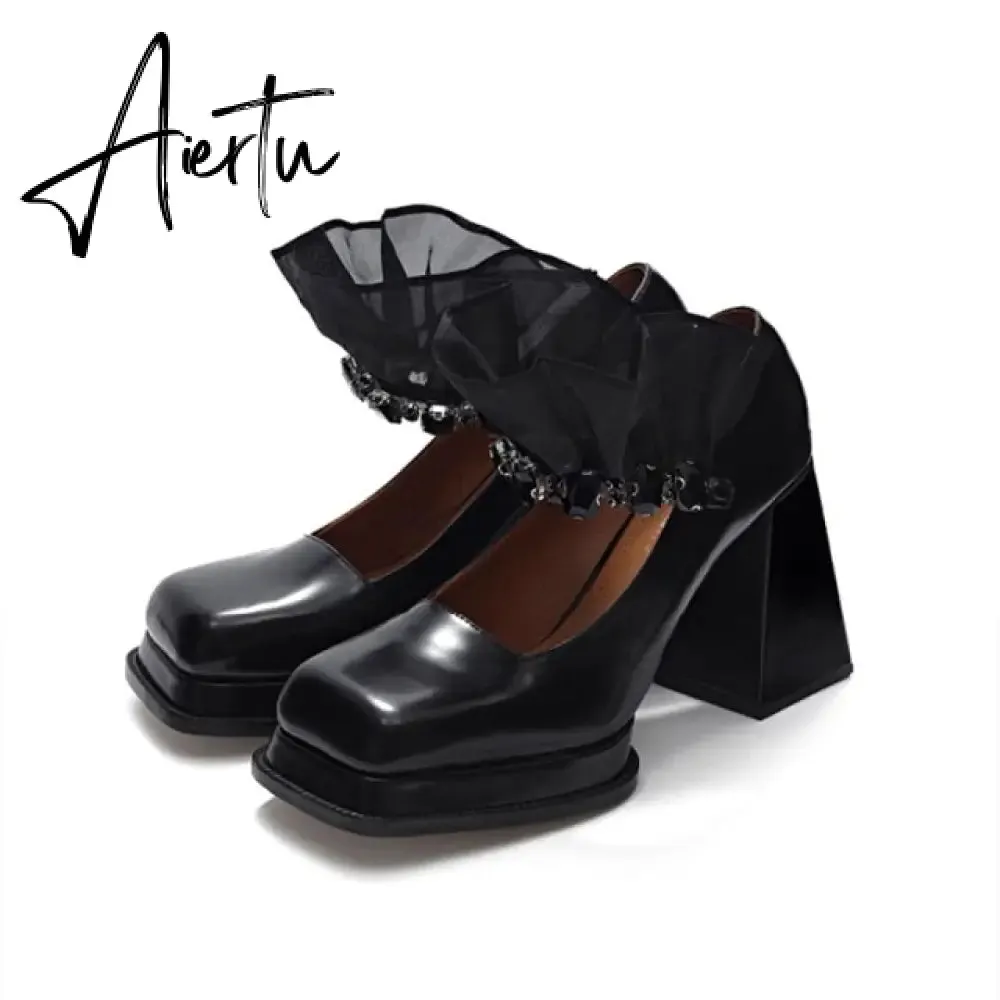 Aiertu Termainoov Women Pumps High Heels Black Rhinestones Mary Jane Square Toe Lace Heeled Chunky Heel Retro Patent Leather New Shoes