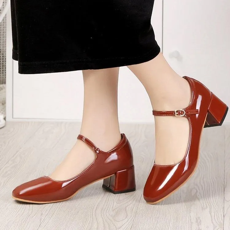 Amozae  2022 New Women Dress Shoes Medium Heels Mary Janes Shoes Patent Leather Pumps Ankle Strap Ladies Shoe Office Zapatos Mujer E875