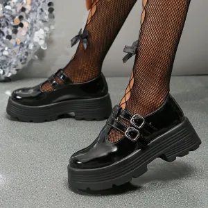 AMOZAE- - Chunky Platform Shoes for Women Patent Leather Double Buckle Strap