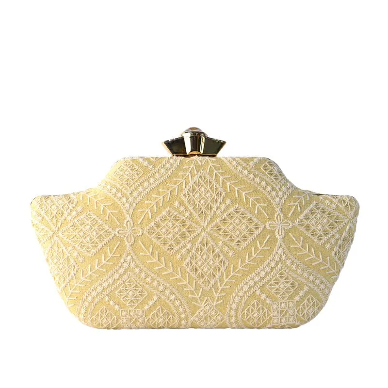 Artklim Boat Shaped Beige Color Embroidered Clutch