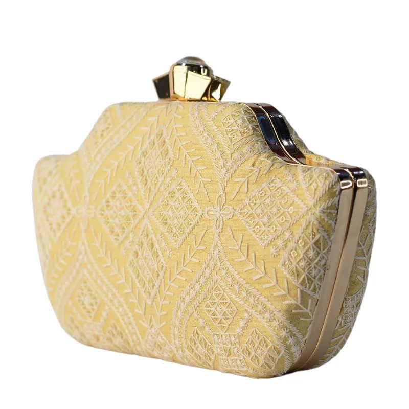 Artklim Boat Shaped Beige Color Embroidered Clutch