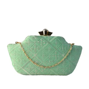 Artklim Pastel Green Boat Shaped Clutch With Sequines