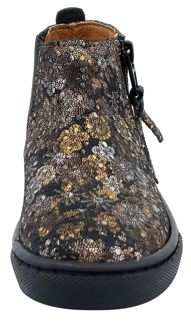 Atlanta Mocassin Girl's Size Zip Leather High-Top Sneaker Booties, Old Gold/Floral