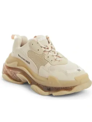 BALENCIAGA Womens Beige Mixed Media Back Pull-Tab Removable Insole Padded Triple S Round Toe Lace-Up Sneakers Shoes