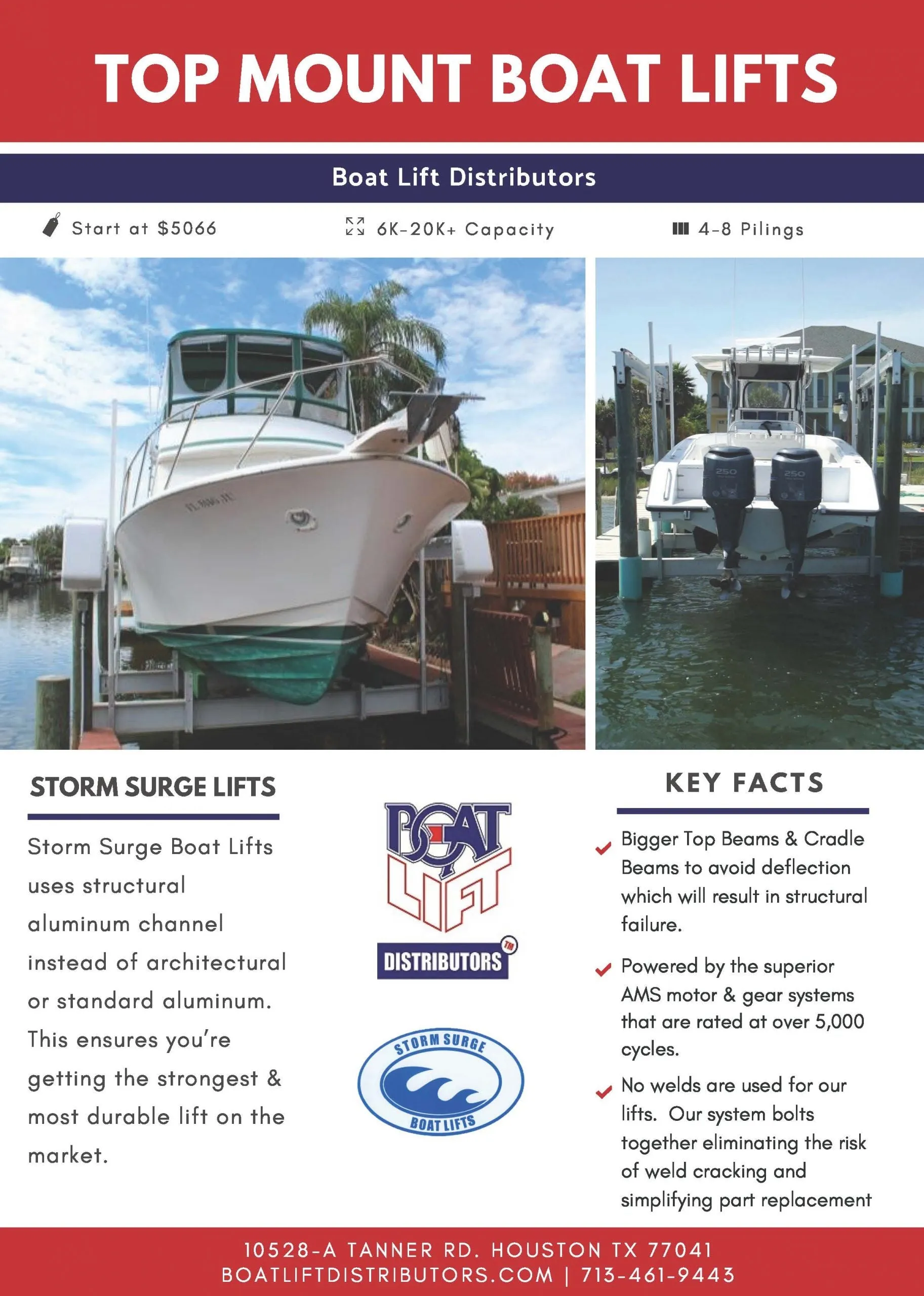 Boat Lift Distributors SS 24,000-LB Top Mount Boat Lift (4 Pile) | Storm Surge | Wireless Remote