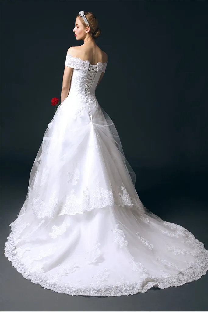 Boat Neck Long Ball Gown Big Wedding Dresses With Flower PFW0293