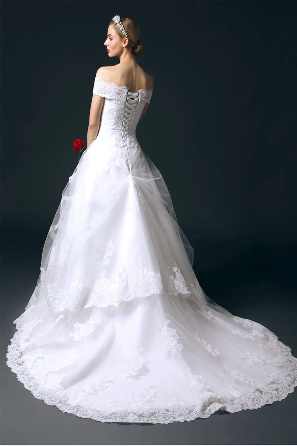 Boat Neck Long Ball Gown Big Wedding Dresses With Flowers W11