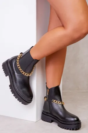 CASSANDRA PU CHUNKY CHELSEA ANKLE BOOTS WITH A DRIP CHAIN IN BLACK FAUX LEATHER