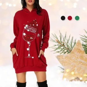 Christmas🎅Wine Glass Print Mid-Length Hooded Long-Sleeve Sweatshirt for Women