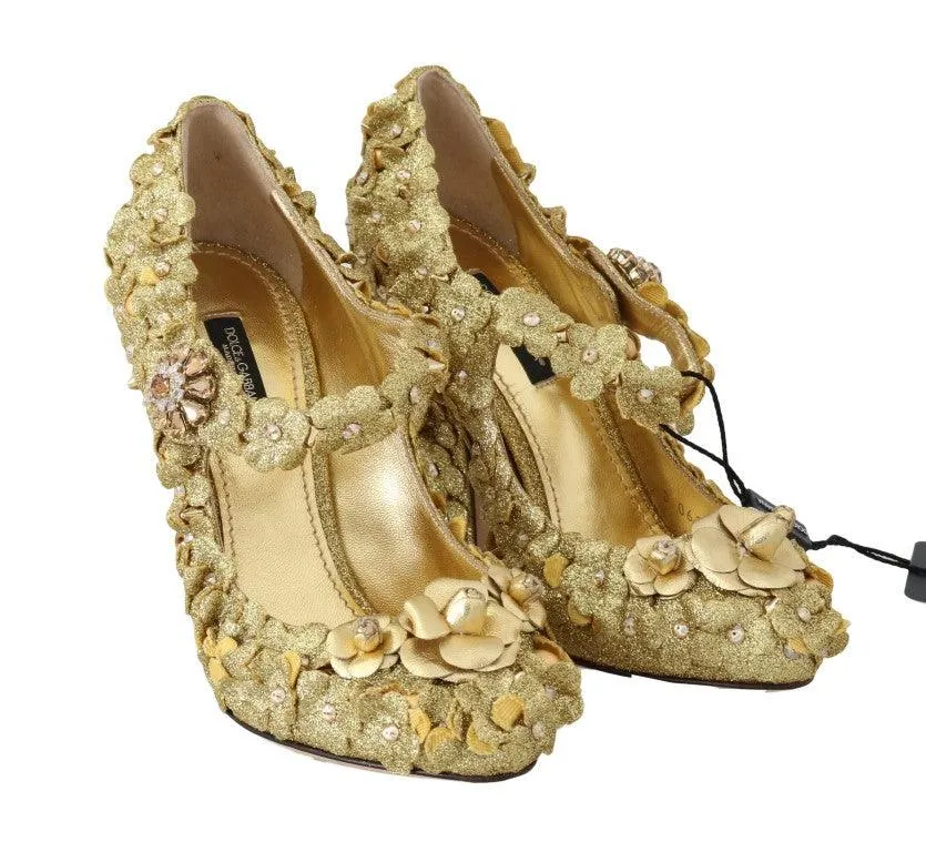 Dolce & Gabbana Gold Floral Crystal Mary Janes Pumps