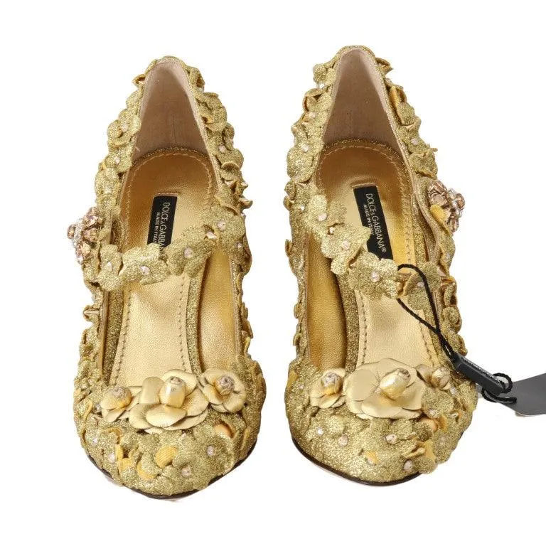 Dolce & Gabbana Gold Floral Crystal Mary Janes Pumps