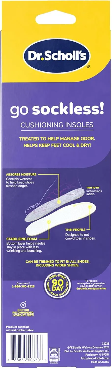 Dr Scholl’s Go Sockless! Cushioning Insoles for Women Men Unisex, 3 Pairs, Trim to Fit - Absorbs Moisture to Keep Feet Dry, Shoe Inserts for Women Men with Plush Terry Cloth Layer for Added Comfort