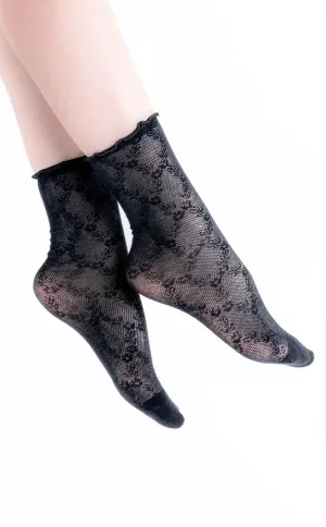 Fiore Black Floral Lettuce Trim Socks