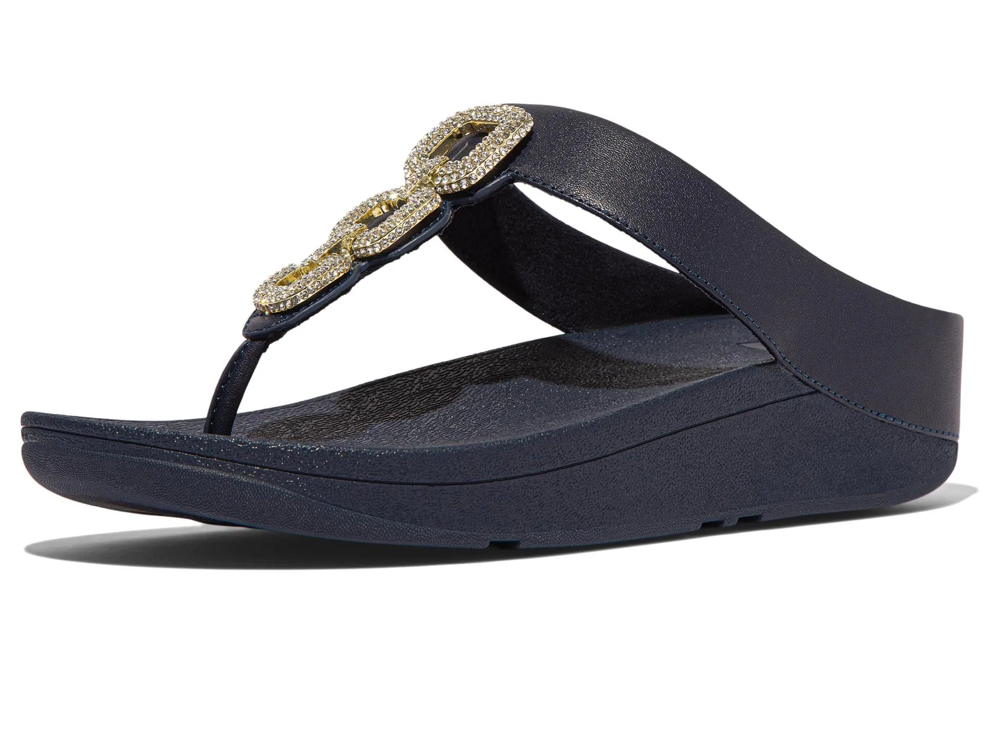 FitFlop Women's Fino Crystal-Chain Leather Toe-Post Sandals Wedge, Midnight Navy