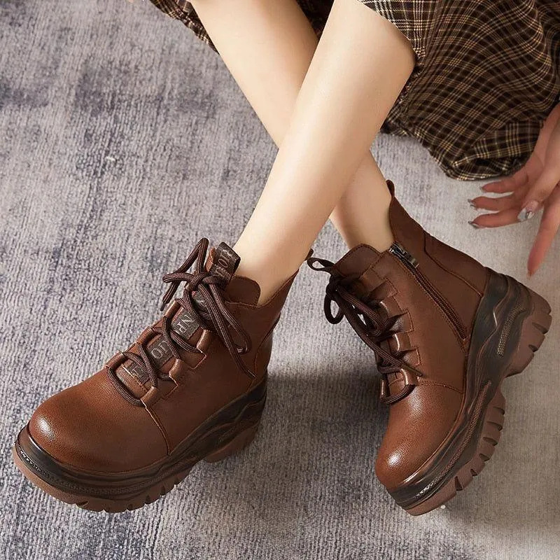 Genuine Leather Ankle Boot GCSGTY25 Wome's Casual Shoes Retro Handmade Platform