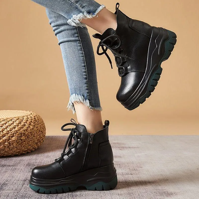 Genuine Leather Ankle Boot GCSGTY25 Wome's Casual Shoes Retro Handmade Platform