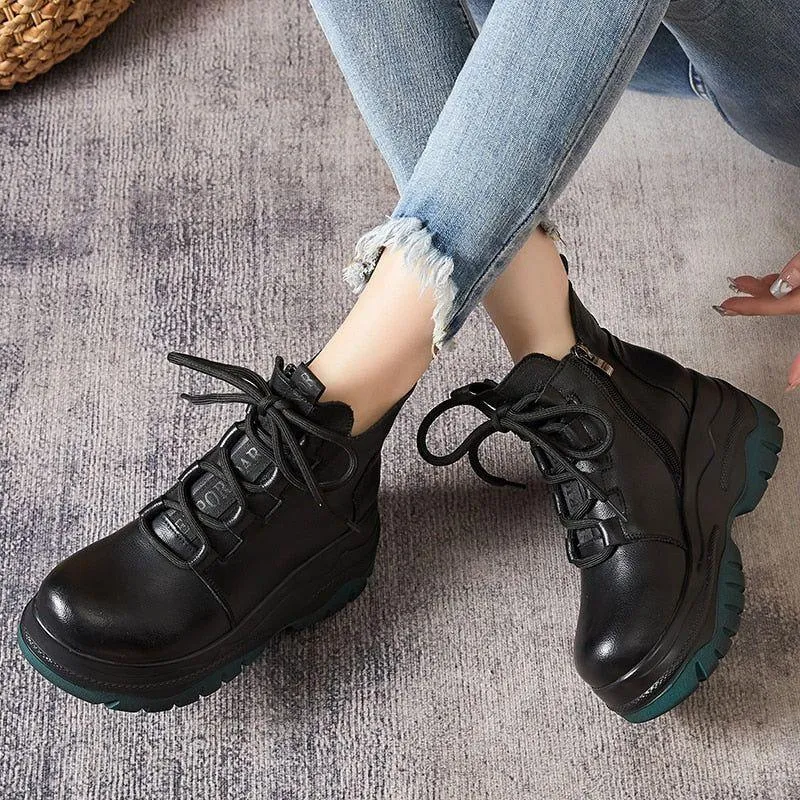 Genuine Leather Ankle Boot GCSGTY25 Wome's Casual Shoes Retro Handmade Platform