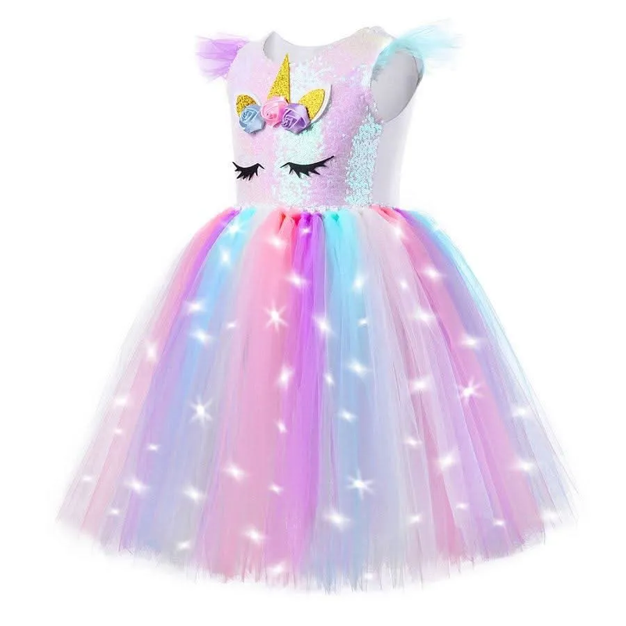 Girls Colorful Unicorn Glowing Princess Dress Carnival Halloween Cosplay Costume 3-8 Years Old Baby Sequined Mesh Skirt Noble and Elegant Birthday Dress