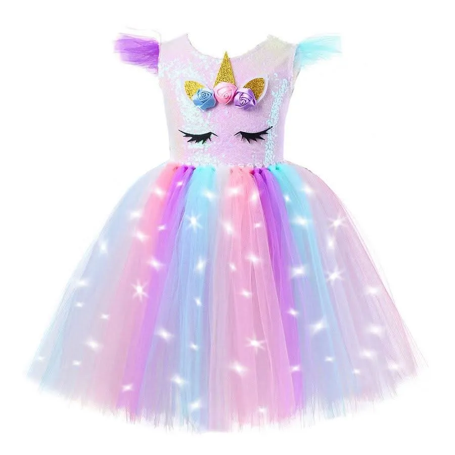 Girls Colorful Unicorn Glowing Princess Dress Carnival Halloween Cosplay Costume 3-8 Years Old Baby Sequined Mesh Skirt Noble and Elegant Birthday Dress