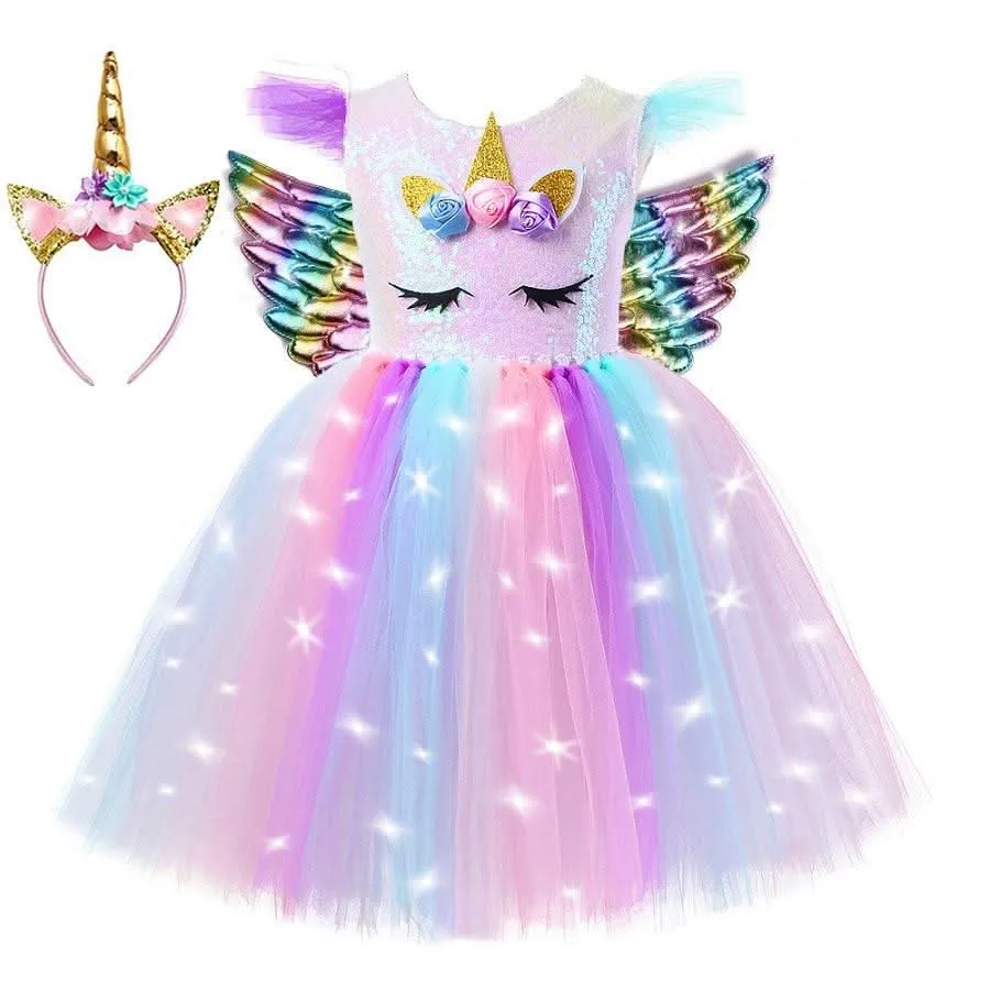 Girls Colorful Unicorn Glowing Princess Dress Carnival Halloween Cosplay Costume 3-8 Years Old Baby Sequined Mesh Skirt Noble and Elegant Birthday Dress