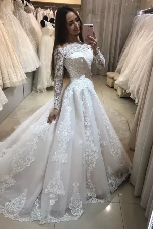 Gorgeous Lace Applique Wedding Dress Boat Neck Long Sleeve Chapel Train A-line Bridal Dress OKW24