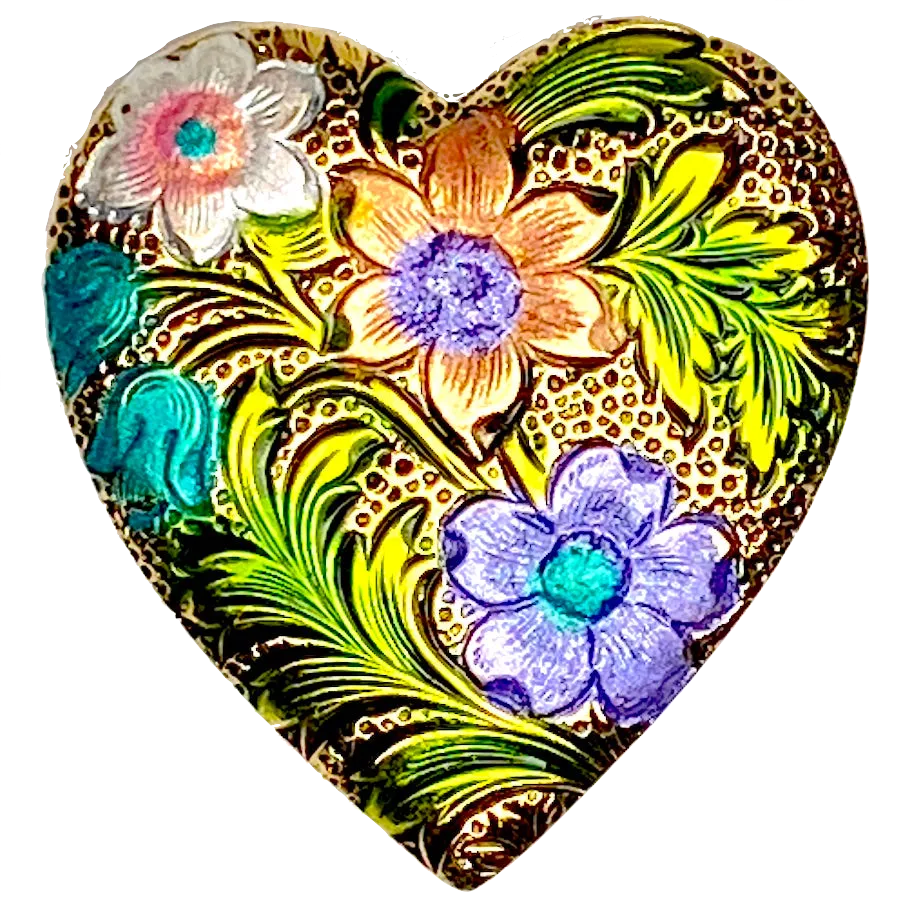 Heart w. Handpainted Flowers Metal Shank Back Button, 1" by Susan Clarke  #SC-120