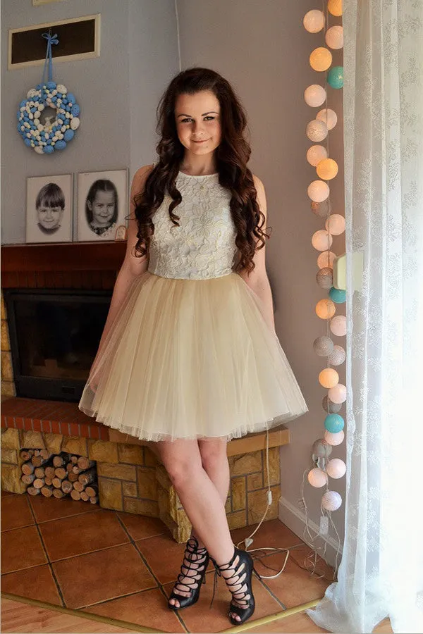 Ivory Boat Short Prom Dress,Layers Tulle Appliques Cheap Homecoming Dress,Party Dress SH181