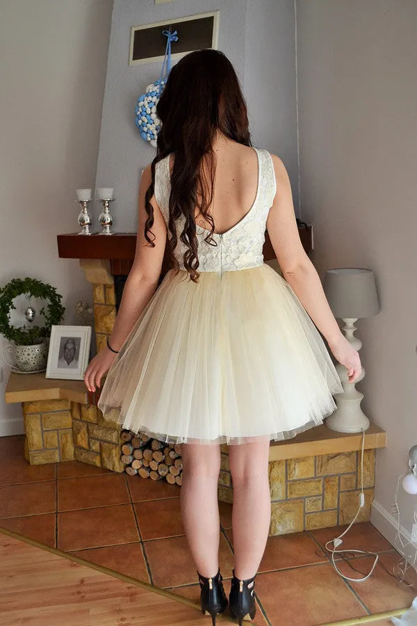 Ivory Boat Short Prom Dress,Layers Tulle Appliques Cheap Homecoming Dress,Party Dress SH181