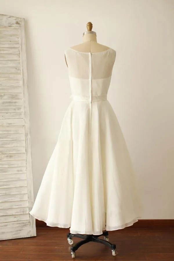 Ivory Illusion Boat Neck Tea Length Sleeveless Wedding Dresses WD073