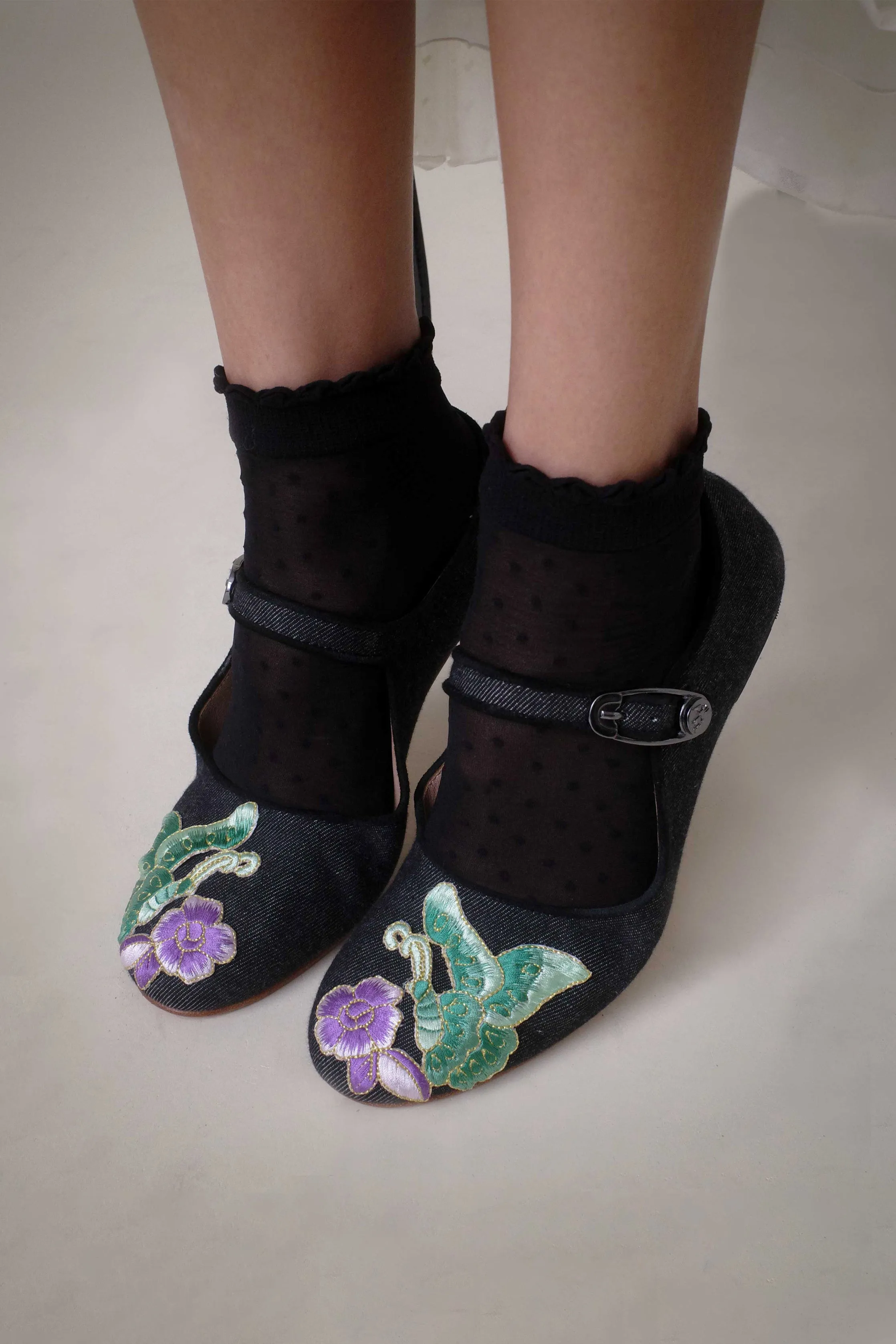 John Fluevog x Anna Sui Butterfly Mary Janes-Black Denim