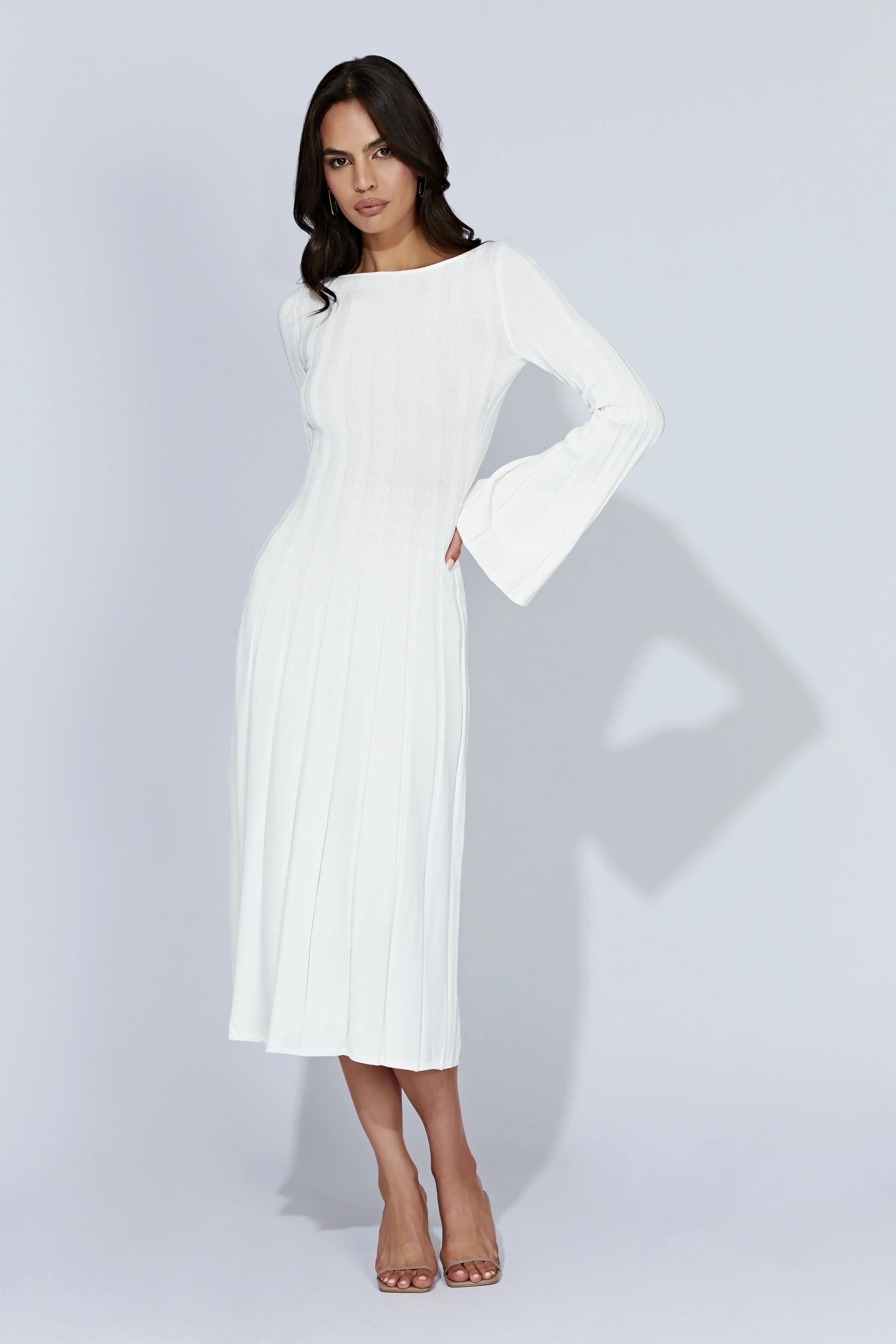 Juniper Flare Sleeve Knit Midi Dress - White